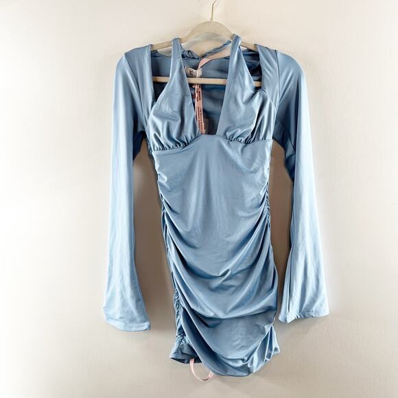 Oh Polly Short and Sweet Halter Cutout Long Bell Sleeve Mini Dress Blue 6 - Picture 3 of 8